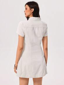 SHEIN EZwear Women's Solid Color Simple Short Sleeve Denim Dress - Apricot - View 2