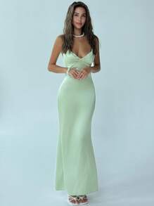 Aloruh Women's Fashionable Elegant Backless Pleated Spaghetti Strap Dress,Party Dress,Wedding Guest Dress - Green - View 5