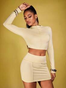 INAWLY 2 件套女士性感紧身立领 T 恤和迷你裙 - 杏色 - 查看 3
