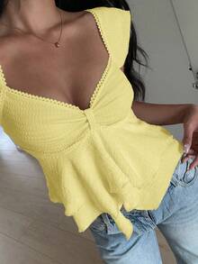 SHEIN EZwear Women's Textured Knit Ruffle Hem Sweetheart Neck Puff Sleeve Elegant T-Shirt, Rave Top Yellow Ruffle Top Babydoll Top Yellow Babydoll Top Cute Yellow Top - Yellow - View 3