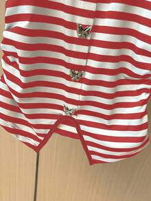 Franclia Elegant U-Neck Short Sleeve Butterfly Hem Slit Waist Striped Knit T-Shirt For Women, Spring/Summer