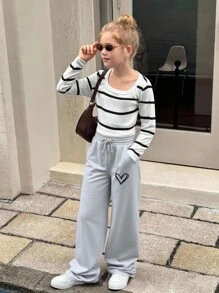 SHEIN 青少年女孩休闲宽松直筒针织运动裤，适合周末、休闲外出、返校、秋冬 - 淺灰色 - 查看 6