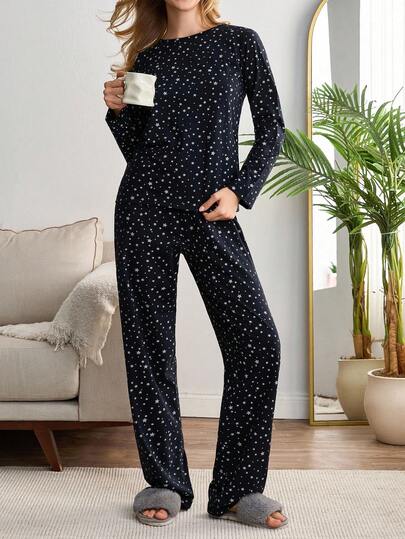 EURMUSE Set pigiama da donna in cotone con maniche lunghe, pantaloni e motivo a stelle a contrasto di colore, comodo abbigliamento da casa e relax per signore