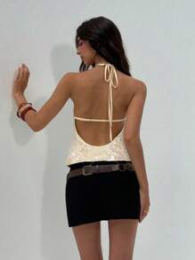 Aloruh Women's Sexy Hollow Out Sequin Backless Draped Neck Top, Summer - Apricot - View 2