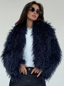 Aloruh Nuevo abrigo de estilo vintage con solapa ancha y peludo en otoño/invierno - Azul Marino - Ver 3