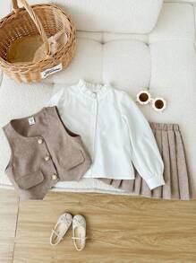 SHEIN Elegancka kamizelka dla młodej dziewczyny ze złotymi guzikami, koszula z falbaniastym kołnierzykiem i uniwersalna plisowana spódnica, odpowiednia na jesień/zimę, na imprezę i na co dzień - Wielokolorowe - Zobacz 4