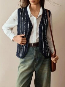 Florisole Women's Fashion Bohemian Knitted Cardigan Vest - Navy Blue - View 4
