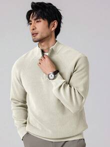 Manfinity Homme Casual Fashion Versatile Solid Color Loose Fit Long Sleeve Men Sweater Quarter Zip Sweater Men Mock Neck , Fall Winter - Apricot - View 7