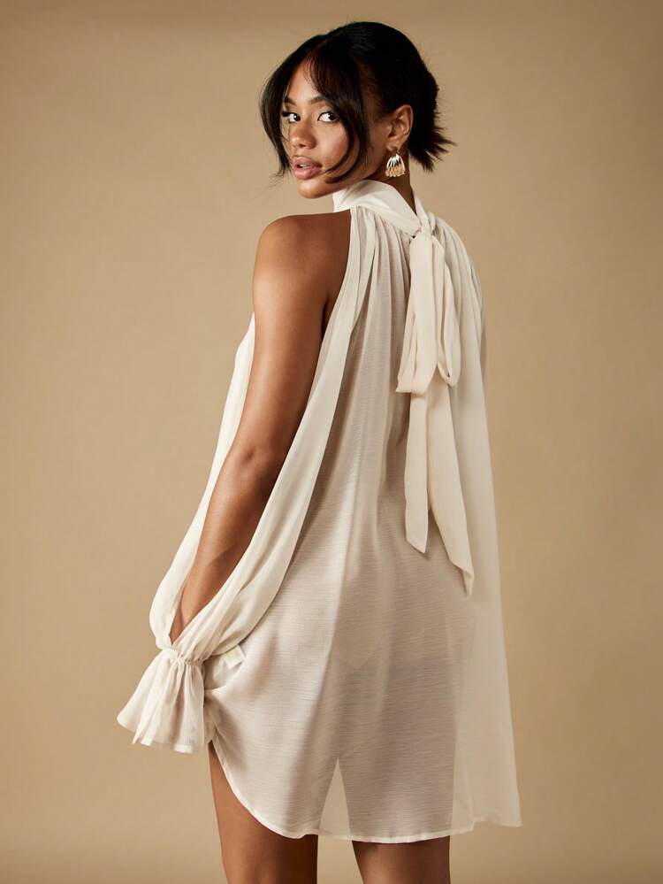 MISSGUIDED Elegant Halter Neck Top Long Bishop Sleeve Tie Back Draped High Low Chiffon Blouse Evening Party Wedding Guest Summer Spring Fall