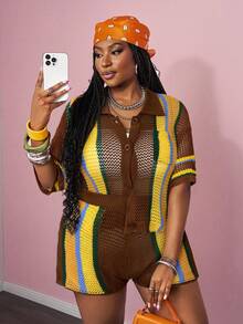 Slaydiva 春夏新款休闲沙滩度假风短袖衬衫带口袋短裤套装，彩色条纹钩编拼接，大码女款两件套针织服装 - 摩卡棕 - 查看 6