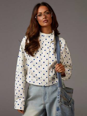 Athîral Women's Casual, Vacation & Daily Wear Thin Jacket Polka Dot Shirt Crop Top Preppy Tops 70s Tops In Fall/Winter