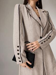 Heiryn Conjunto de túnica árabe de manga larga con botones delanteros y pantalones a juego, con ribete de contraste. Elegante conjunto de túnica abierta y pantalones, para uso diario casual/trabajo, de estilo modesto. - Caqui - Ver 3