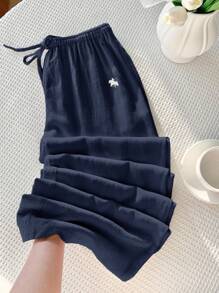 Comfortcana Quần ống rộng thêu họa tiết vải lanh xanh navy dành cho nữ - Màu xanh hải quân - Xem 7
