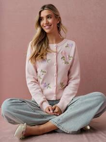 Enchnt 秋冬浪漫女士花卉刺绣长袖针织开衫，时尚优雅，适合派对、约会、节日、毕业典礼、外出、万圣节、圣诞节、秋季、新年等场合。 - 粉色 - 查看 5