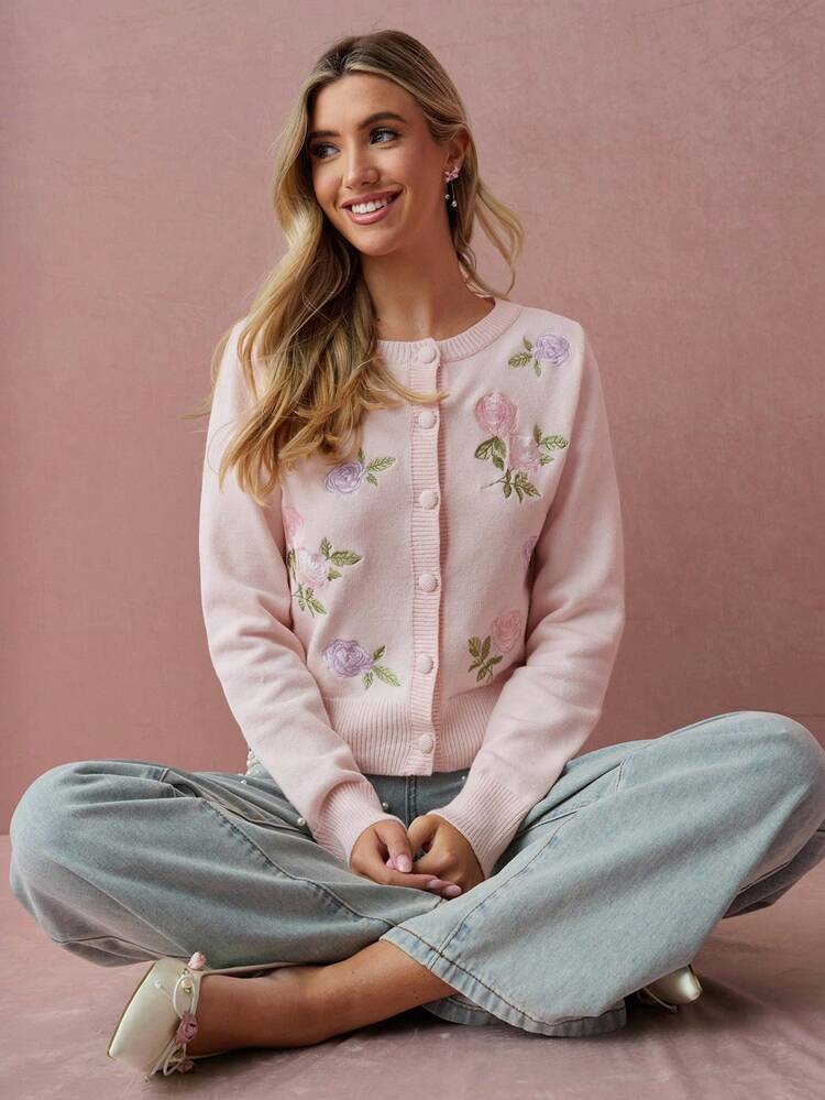 Enchnt 秋冬浪漫女士花卉刺绣长袖针织开衫，时尚优雅，适合派对、约会、节日、毕业典礼、外出、万圣节、圣诞节、秋季、新年等场合。 - 粉色 - 查看 5