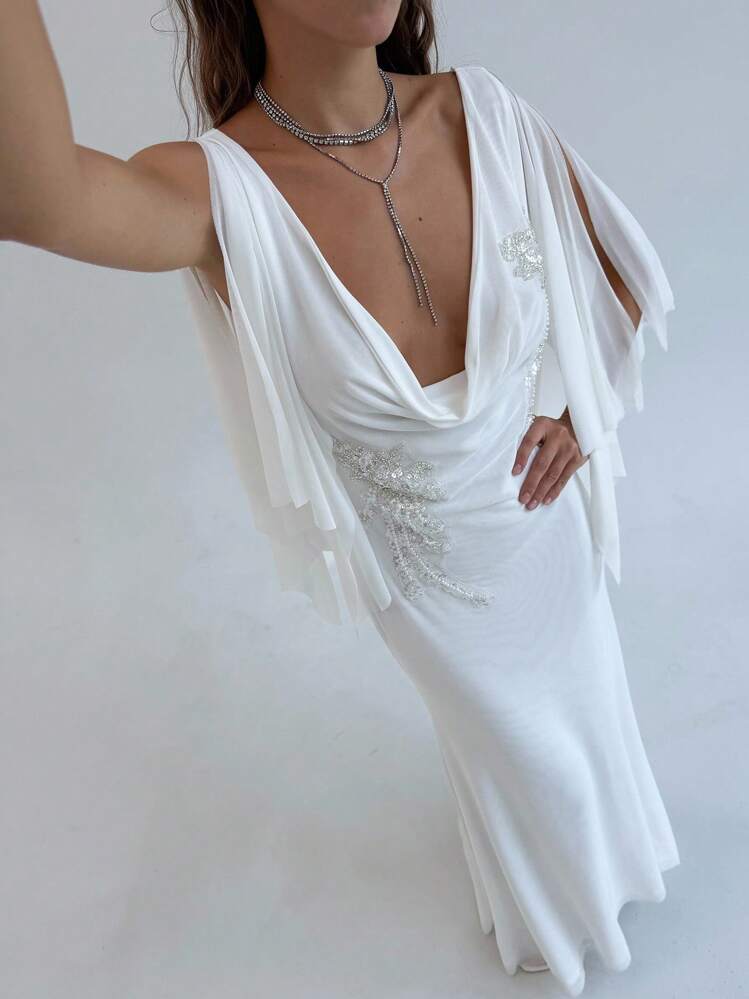 Aloruh Vestido Ajustado Bordado com Decote Profundo em Cor Sólida para Mulheres - Branco - Visão 3