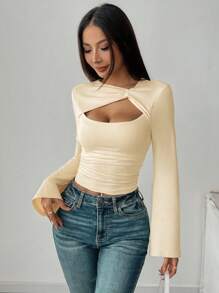 Chiquease 女士不对称扭纹领口喇叭长袖 T 恤 - 杏色 - 查看 5