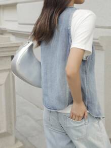 SHEIN EZwear Women's Nostalgic Washed Blue Vacation Denim Top, V-Neck Pocket Summer Sleeveless Denim Vest Top