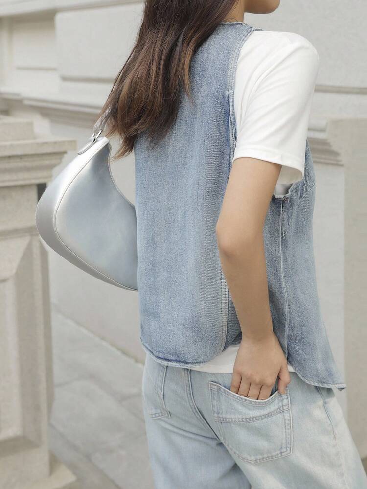 SHEIN EZwear 女士怀旧水洗蓝色度假牛仔上衣，V领口袋夏季无袖牛仔背心 - 中等水洗藍 - 查看 2