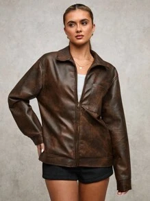 SHEIN BAE Damen einfarbige Reißverschluss Lässig vielseitige Langarm Jacke, braune Kunstleder Jacke mit melierter Textur, Gürtel am Saum, Bikerjacke im Vintage-Look, Winterjacke für Damen