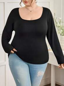 SHEIN CURVE+ Curves 大码/学校服装/返校服装/返校 2 件/套装大码女式方领紧身长袖休闲黑白 T 恤套装，百搭女士春秋季基本款上衣大码黑色上衣大码长袖上衣方领上衣大码女式上衣大码纯色上衣女式秋季服装，冬季，CURVE PLUS - 黑與白 - 查看 7