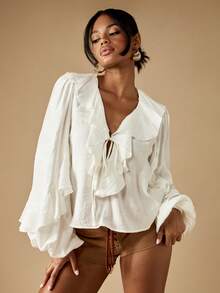 MISSGUIDED 维多利亚风格荷叶边泡泡袖系带高腰白衬衫，农家风长袖白色上衣，适合特殊场合和派对穿着 - 白色 - 查看 6