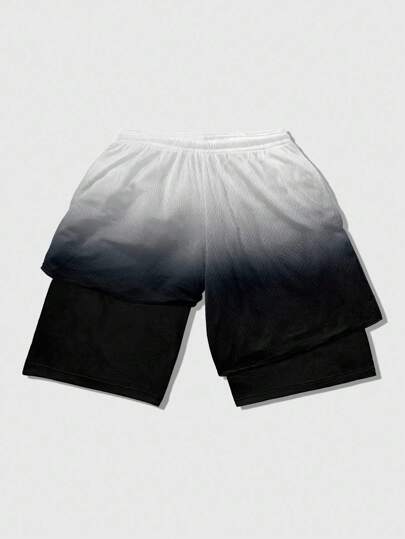 Anime Pantalones cortos con cordón en la cintura, de doble capa, con estampado de letras y dibujos animados para hombres