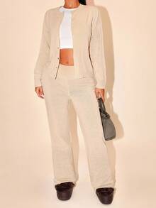 Zolique Women's Solid Color Casual Cardigan And Pants Knit Two Pieces Set Fall Winter Cloth For Women - Apricot - View 6