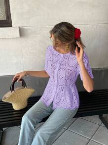 Pariaura 女款短袖上衣，刺繡花卉設計，泡泡袖，鏤空刺繡，春/夏 - 淡紫色 - 查看 1