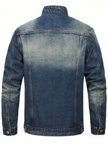 Manfinity LEGND 男士长袖休闲做旧口袋牛仔夹克，街头风，适合送给老公或男友，秋季款 - 中等水洗藍 - 查看 7