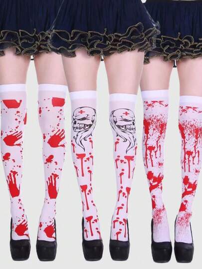 Grunge Punk 3 Pairs White Sexy Thigh High Stockings, Suitable For Halloween