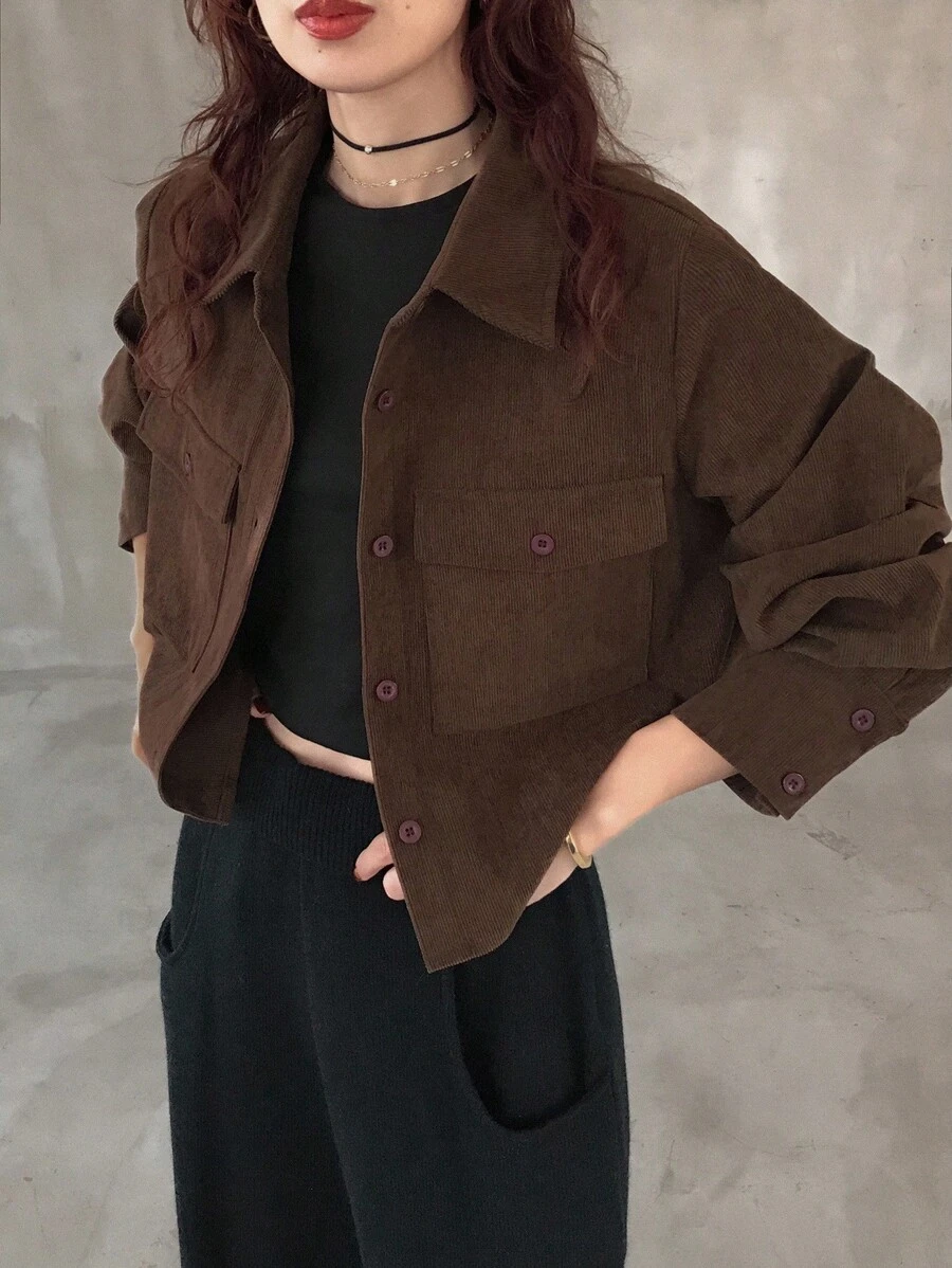 FRIFUL Women's Solid Coffee Brown Shirt Collar Casual Versatile Long Sleeve Jacket With Pocket Decor, Autumn - Coffee Brown - View 1