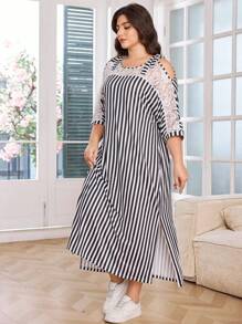 Lacomfia Elegantes Lässig Kleid in Große Größen mit Kontrastspitze, Twist-Schulter und freier Schulter