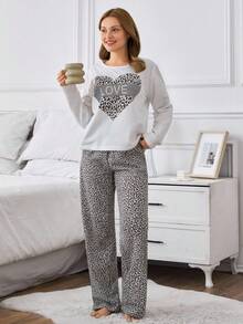 EURMUSE Ensemble pyjama femme en coton avec motif léopard en forme de cœur, chemise à manches longues et pantalon, tenue d'intérieur - Multicolore - Voir 4