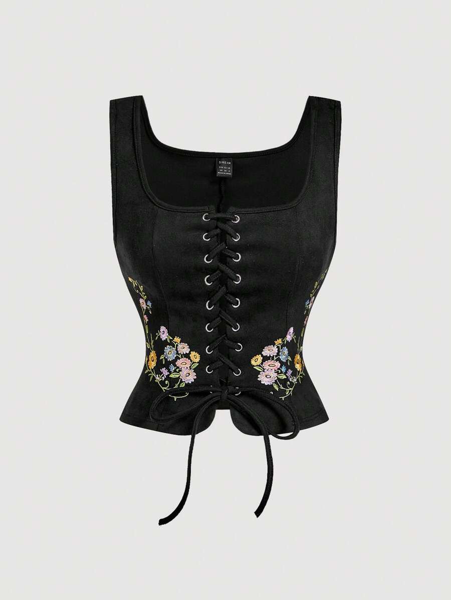 SHEIN MOD 女士白色刺绣系带绒面革短款上衣，波西米亚风衬衫，适合音乐节 - 黑色 - 查看 1