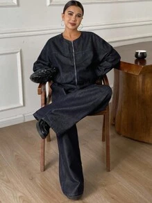 DAZY 女士圆领松紧腰夹克上衣和宽松阔腿裤两件套，休闲