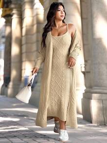 Easura Robe-pull long en tricot torsadé pour femmes grandes tailles, automne/hiver. Cardigan-pull à manches longues, décontracté chic. Convient pour la sortie, les vacances, les fêtes - Kaki - Voir 10