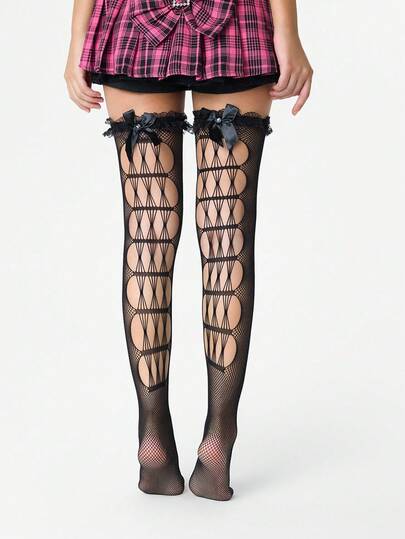 Grunge Punk 1 Pair Halloween Sexy Lace Trim Bow Fishnet Thigh High Socks, Baddie Style Solid Color Geometric Pattern Thigh High Socks, Stretchy Sheer Mesh Stockings, Leggings For Daily Wear And Party
