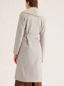 Aveloria Fur Collar Decor Luxurious Belted Long Coat, Fashionable European & American Style For Women - Light Grey - View 6