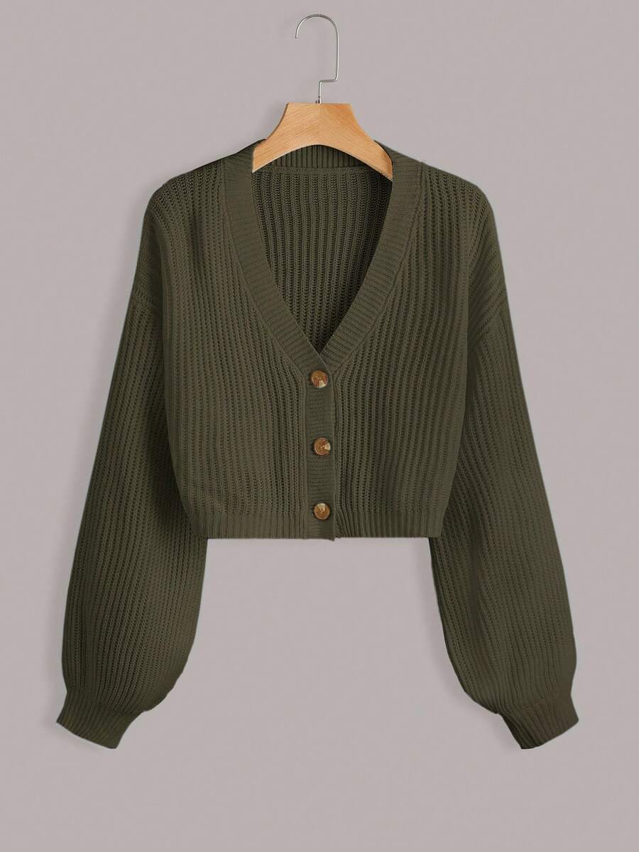 EURMUSE White Lantern Sleeve Button Front Rib Knit Cardigan - Army Green - View 1