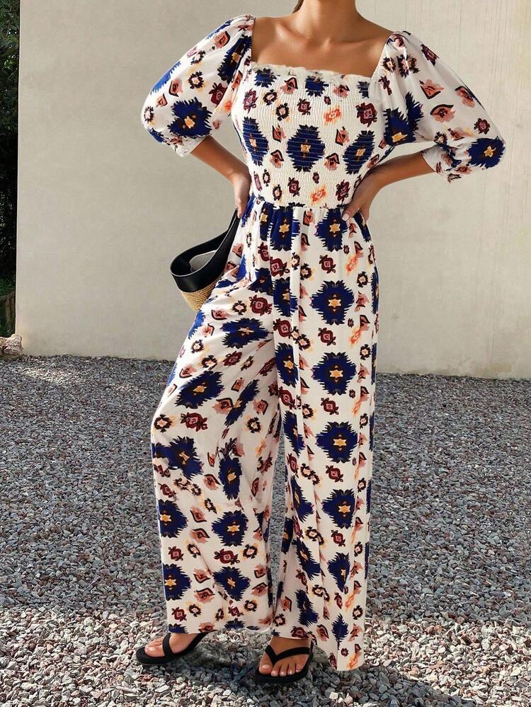 Women's All-Over Floral Print Surplice Puff Sleeve Jumpsuit, Vacation Loose Wide Leg Style Women Dresses Elegant Gown Woman Summer Clothes Work Summer Dresses Women Summer Clothing Women Birthday Easter Boho