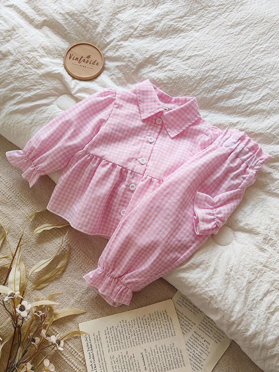 SHEIN Baby Girls' Casual Cute Collared Long Sleeve Top And Elastic Waist Pants Set, Autumn - Pink - View 1