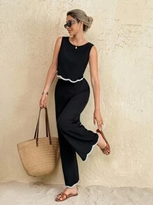 SHEIN Frenchy 女士时尚度假休闲吊带背心上衣和裤子两件套 - 黑色 - 查看 4