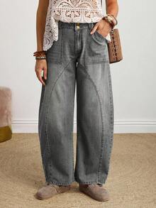 SHEIN PETITE Denim Casuais Folgados e Afunilados Femininos com Bolsos, Versátil