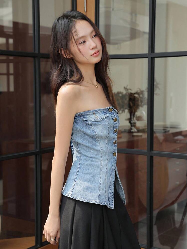 SHEIN EZwear Quần Jeans Mùa Hè Áo Sơ Mi Hở Lưng Màu Xanh, Quần Áo Y2k, Quần Áo Cổ Điển Cho Phụ Nữ - Màu xanh nhạt - Xem 4