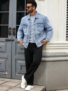Manfinity Homme Chaqueta vaquera casual con bolsillos y efecto desgastado para hombre talla grande, otoño - Lavado ligero - Ver 1