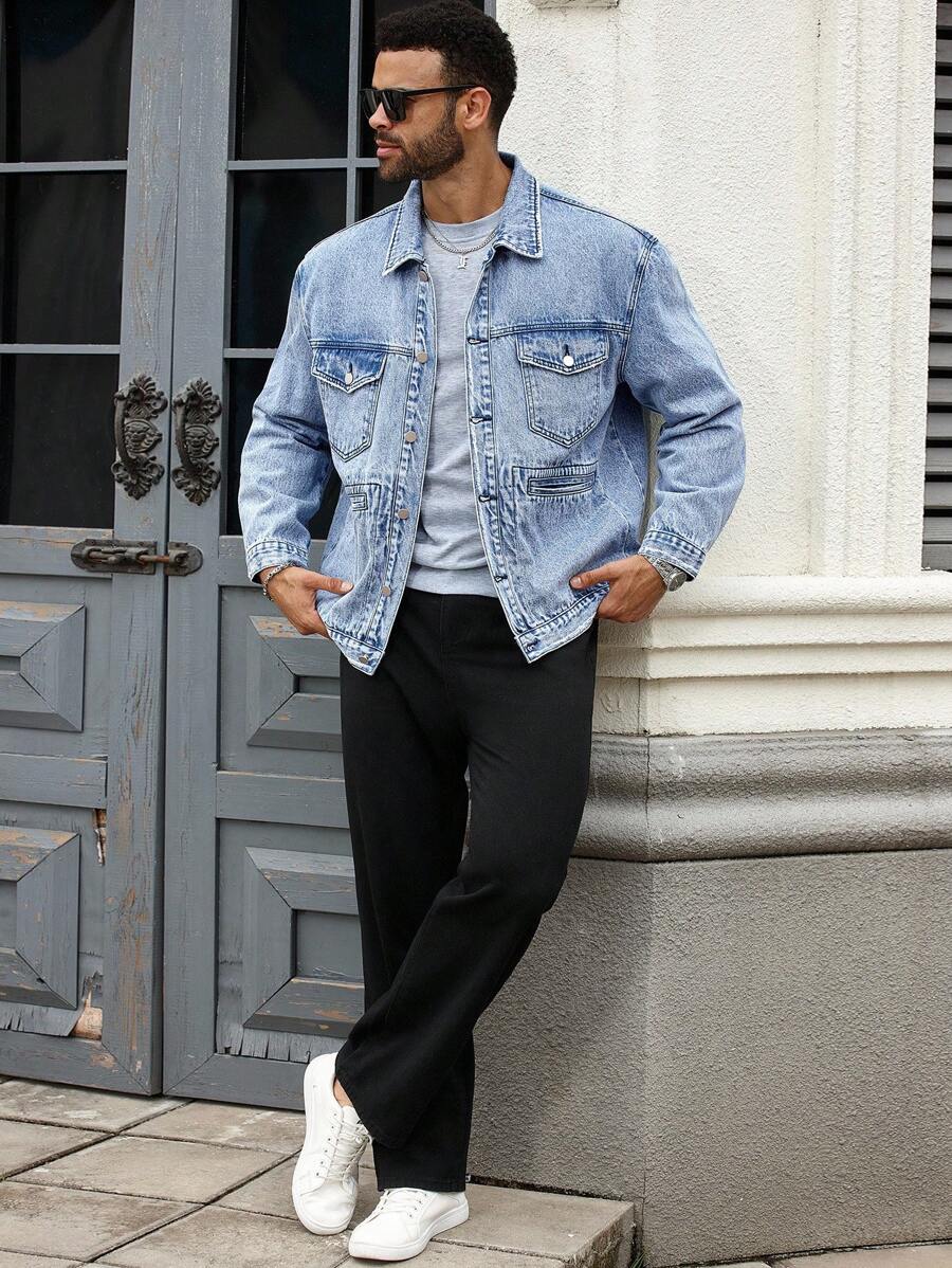 Manfinity Homme Chaqueta vaquera casual con bolsillos y efecto desgastado para hombre talla grande, otoño - Lavado ligero - Ver 1