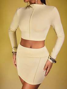 INAWLY 2 件套女士性感紧身立领 T 恤和迷你裙 - 杏色 - 查看 4