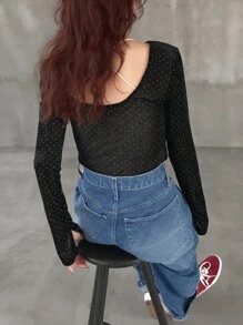 FRIFUL 女式黑色波尔卡圆点透明网眼长袖休闲T恤，适合秋季穿着 - 黑色 - 查看 5