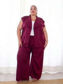 Pretty and Ole 大码女式优雅别致不对称领、喇叭袖西装外套（配腰带）和阔腿裤套装，春夏 - 紫色 - 查看 1